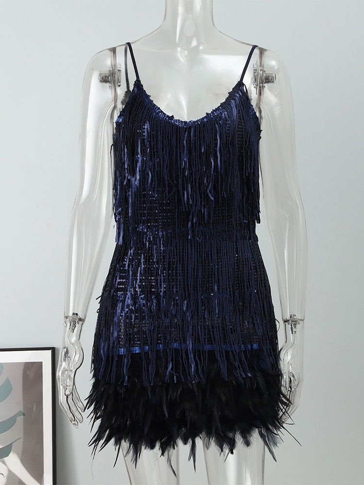 DazzleDress - Women's Feather Fringe Sequin Spaghetti Strap Dress