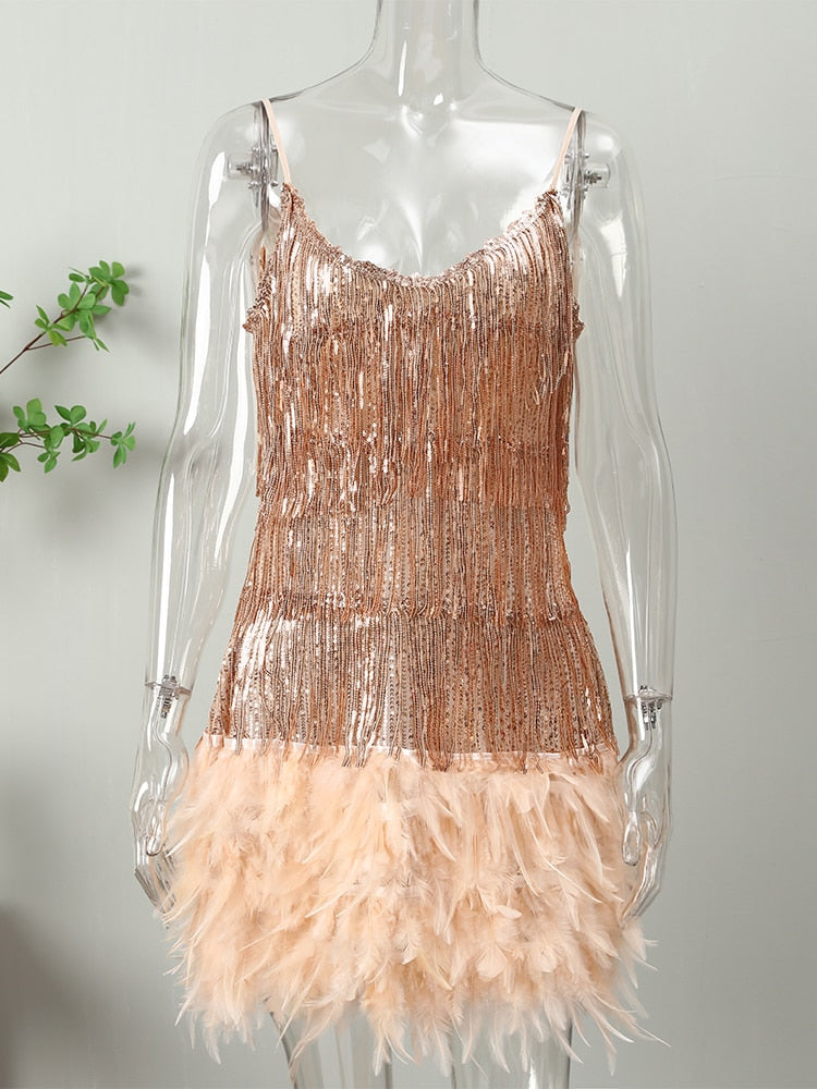 DazzleDress - Women's Feather Fringe Sequin Spaghetti Strap Dress